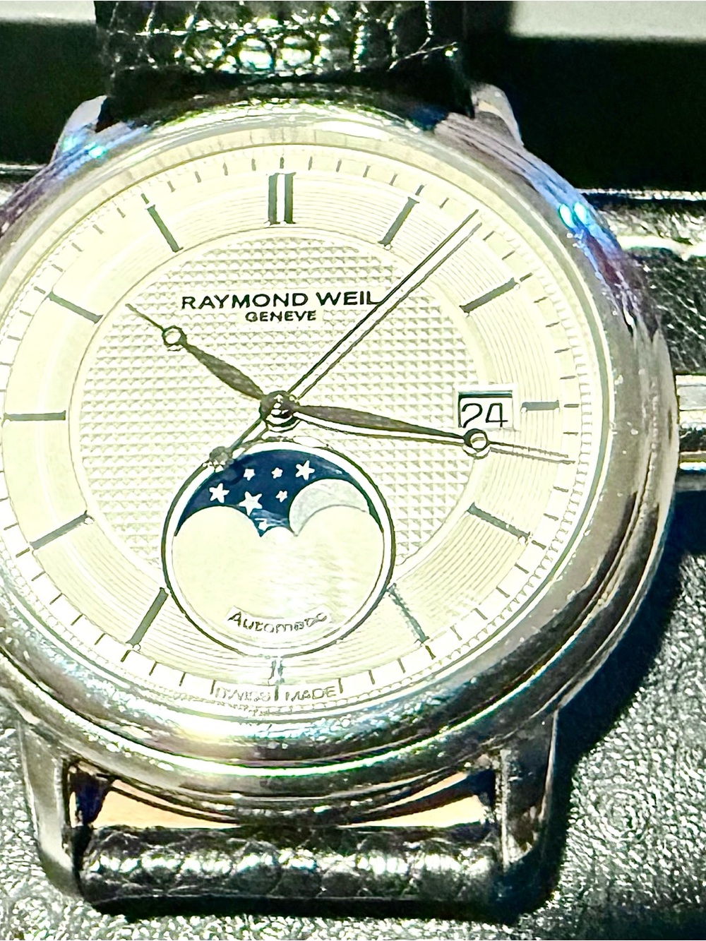 Raymond Weil Silver Dial Moonphase Watch with Black Leather Strap - Picture 4 of 8